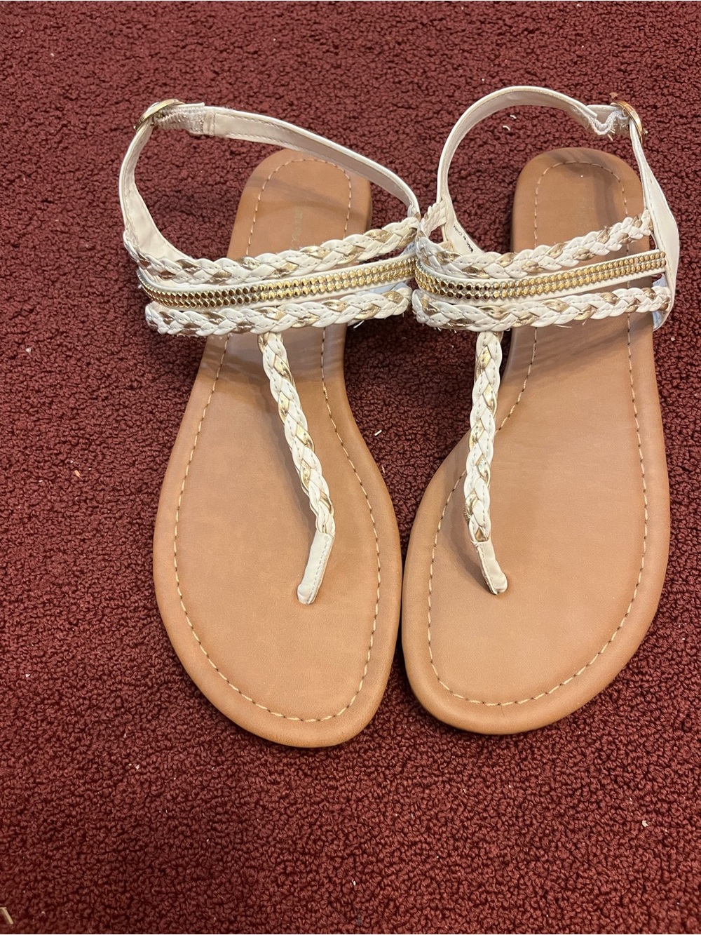 American Eagle Outfitters White Braided T-Strap Sandals with Gold Accent
